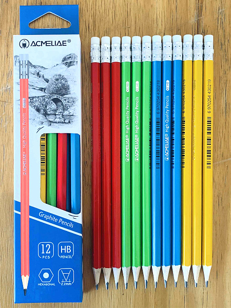 Карандаш ч/г HB ACMELIAE с ластиком шестигранный, 4 цвета корпуса