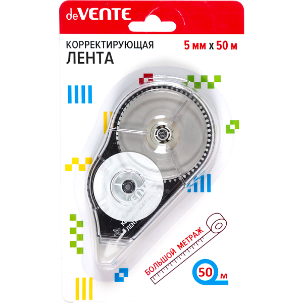 Корректир. лента 5мм х 50м "deVENTE" прозрачный корпус с черным, фронтальный аппликатор, с защитным колпачком, в картонном блистере