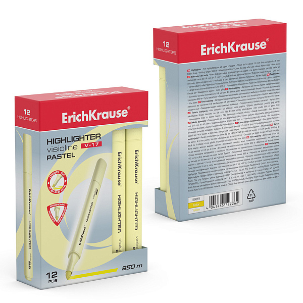 Маркер-текстовыделитель ErichKrause® Visioline V-17 Pastel, желтый (в коробке по 12 шт.)