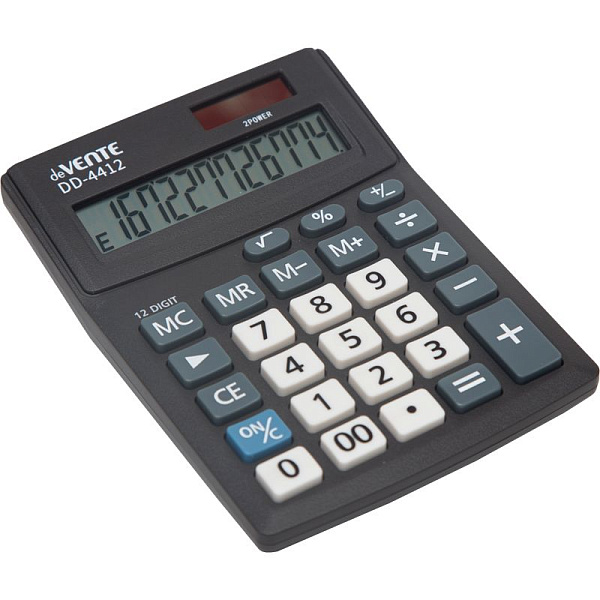 Калькулятор 12 разр., "deVENTE" DD-4412, 102x137x31 мм, черный, автоматическое вычисление квадратного корня, процентов, коррекция последнего введенного значения, работа с памятью, кнопка "00" 2-е питание, автоматическое отключение, прорезиненные ножк
