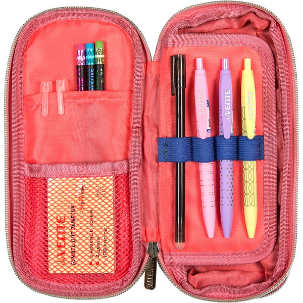 Пенал "deVENTE. Forever Young" 21x8x3(7) см, овальный с возможностью расширения для 90 пр. черный, с внешним открытым карманом, с внутренним органайзером-створкой, 2-мя внутренними открытыми карманами, высококачественный полиэстер, тракторная серебри