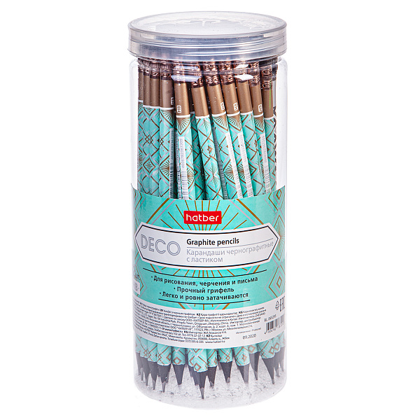 Карандаш ч/г HB Hatber круглый корпус 72шт. Deco "HB" с ластиком с заточ.  в пласт.тубе