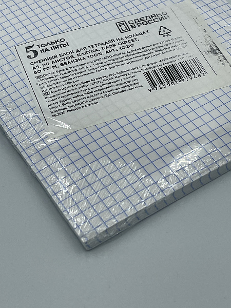 Сменный блок для тетрадей на кольцах А5, 80 листов, клетка, блок офсет, 60 гр/м, белизна 100%