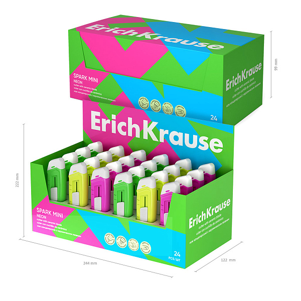 Нож канцелярский ErichKrause Spark Mini Neon, с керамическим лезвием,  автоматической фиксацией лезвия, ассорти (в коробке по 24 шт.)