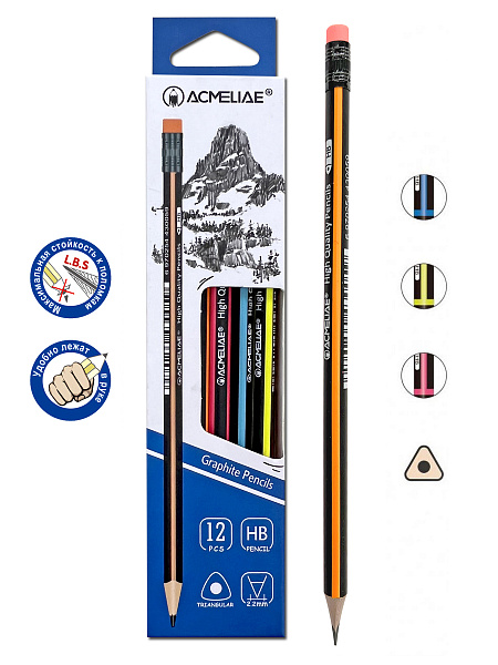 Карандаш ч/г HB ACMELIAE трехгранный с ластиком,  4 цвета корпуса,