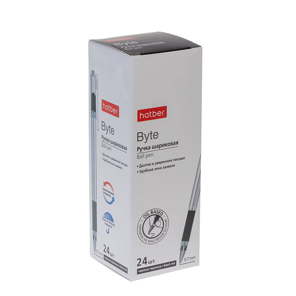 Ручка шариковая 0,7 мм Hatber Byte Черная чернила на масл.основе с резиновым грипом в карт. Мини-Дисплее