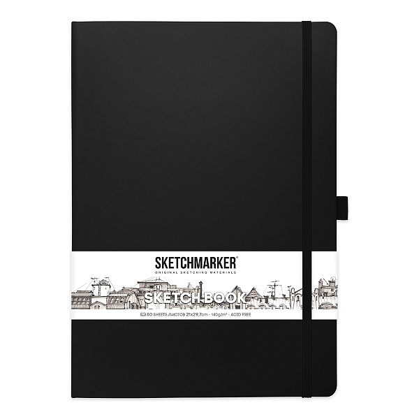 Блокнот для зарисовок Sketchmarker 140г/кв.м 21*30см 80л твердая обложка Черный