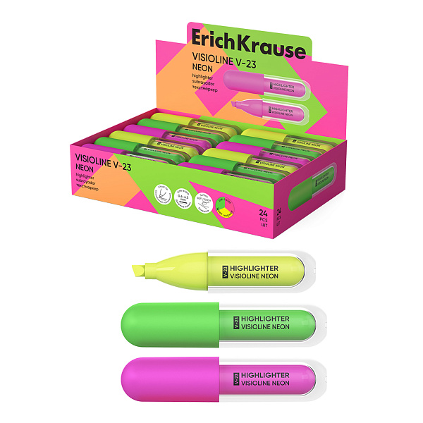 Маркер-текстовыделитель ErichKrause Visioline V-23 Neon, цвет чернил ассорти (в коробке-дисплее по 24 шт.)