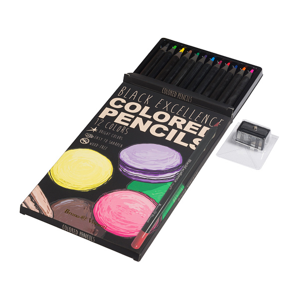 КАРАНДАШИ ЦВЕТНЫЕ ПЛАСТИКОВЫЕ  "Black Excellence" С ТОЧИЛКОЙ, 12 ЦВЕТОВ, 4 ВИДА (10702070/190723/3294953,КИТАЙ)