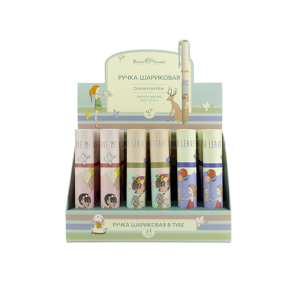 Ручка шариковая 0,7 мм "DreamWrite. Девочка и кролики" в тубусе СИНЯЯ, 3 вида