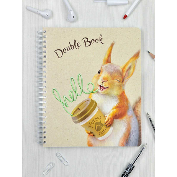 Тетрадь 100 л. кл./лин. греб. "Double book" "ЛЕСНОЙ ОФИС" /А5, облож.- полипропилен, двойная тетрадь с 4-мя обложками/