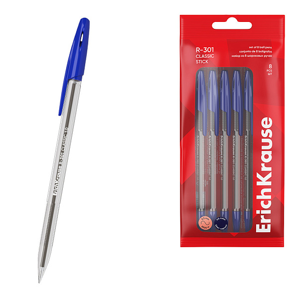 Набор из 8 ручек шариковых ErichKrause R-301 Stick Classic 1.0, СИНЯЯ (в пакете)
