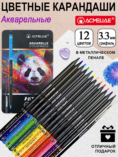 Карандаши 12 цв. акварельные ACMELIAE Blackwood +кисточка, металл футляр