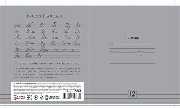 Тетрадь 12 листов в линию СЕРАЯ, обложка из мелованной бумаги (115г/м2), блок №2 (серые листы) (65%, 50г/м2)
