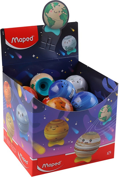 Точилка 1 отв. металлическая с контейнером Maped PLANET с дизайном в виде планет, ассорти, в дисплее