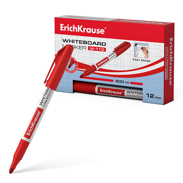 Маркер для доски ErichKrause® W-110, цвет чернил красный (в коробке по 12 шт.)