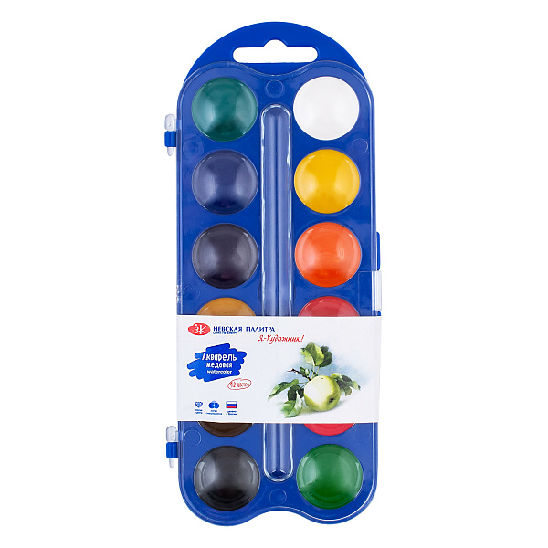 Акварель 12 цветов "Я-Художник!" без кисти, синий пластиковый пенал с европодвесом