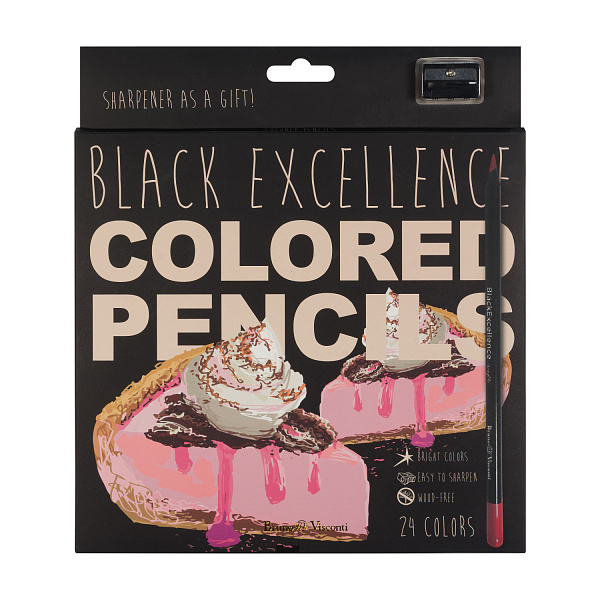 КАРАНДАШИ ЦВЕТНЫЕ ПЛАСТИКОВЫЕ  "Black Excellence" С ТОЧИЛКОЙ, 24 ЦВЕТА, 4 ВИДА (10702070/190723/3294953,КИТАЙ)