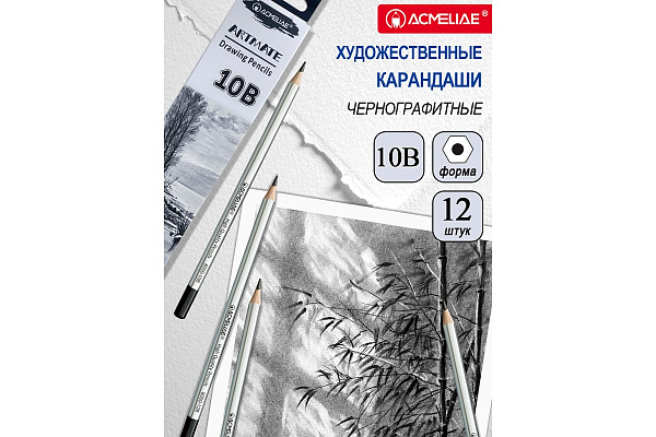 Карандаш ч/г  10B ACMELIAE шестигранный, корпус серебряный,
