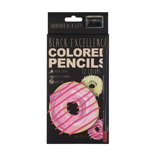 КАРАНДАШИ ЦВЕТНЫЕ ПЛАСТИКОВЫЕ  "Black Excellence" С ТОЧИЛКОЙ, 12 ЦВЕТОВ, 4 ВИДА (10702070/190723/3294953,КИТАЙ)