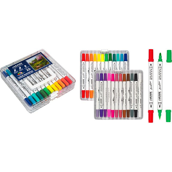 Набор маркеров акриловых "deVENTE. HOBBY CREATIVE. Classic&Pastel" 24 цв. двусторонние (кистевидный 1-5 мм/пулевидный 2-4 мм), круглый корпус, в пластиковой коробке