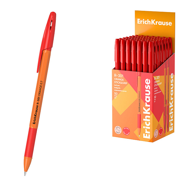 Ручка шариковая ErichKrause R-301 Stick&Grip Orange 0.7, КРАСНАЯ