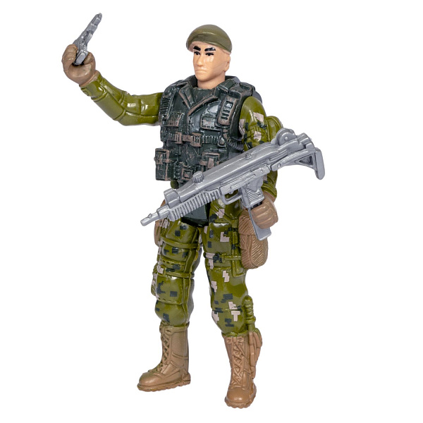 Набор "Армия" солдатик с оружием, " НАСТОЯЩИЙ БОЕЦ"  Bondibon, CRD 21,5x13x3 см, спецназовец, форма камуфляж зелёного цвета.