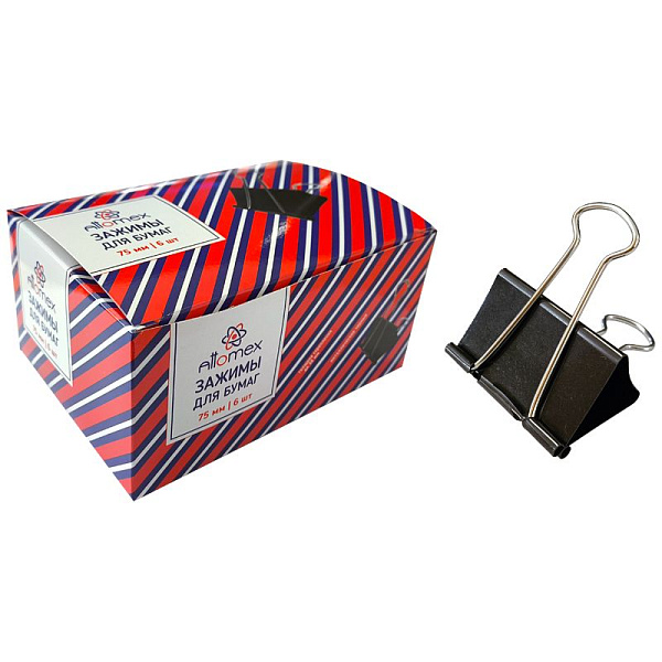Зажим для бумаг 75 мм "Attomex" металлический толщина скрепления до 38 мм, черный, 6 шт в картонной коробке
