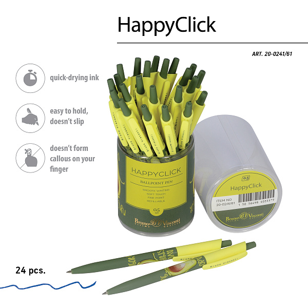 Ручка шариковая 0,5 мм "HappyClick. Avocado style. Yoga guru" СИНЯЯ 