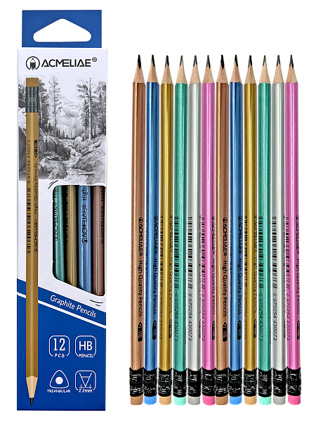 Карандаш ч/г HB ACMELIAE с ластиком трехгранный, корпус металлик, 6 цветов корпуса