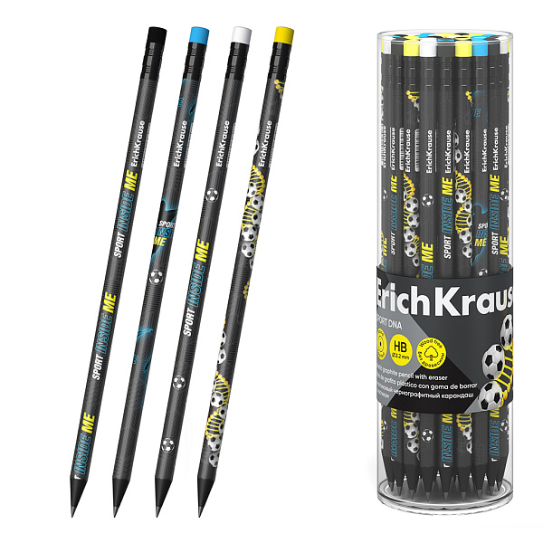 Карандаш ч/г HB ErichKrause Sport DNA, пластиковый, круглый, с ластиком, HB (в тубусе)
