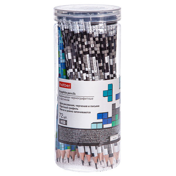 Карандаш ч/г HB Hatber Cubes круглый корпус 72шт. серия  "HB" с ластиком с заточ.  в пласт.тубе