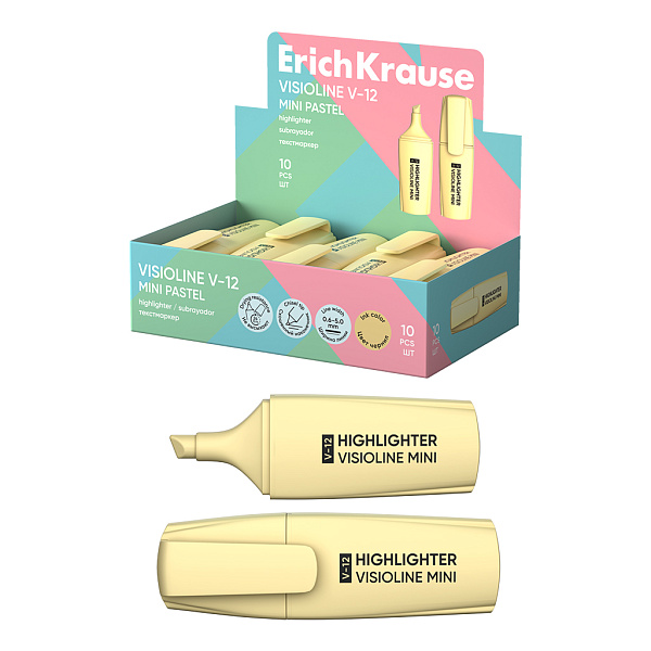 Маркер-текстовыделитель ErichKrause Visioline V-12 Mini Pastel, цвет чернил желтый (в коробке-дисплее )