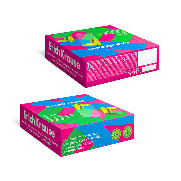 Точилка 1 отв. ErichKrause City, Neon, с контейнером, ассорти, пластик. (в коробке-дисплее по 16 шт)