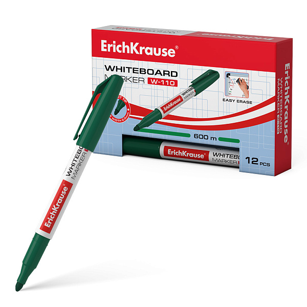 Маркер для доски ErichKrause® W-110, цвет чернил зеленый (в коробке по 12 шт.)