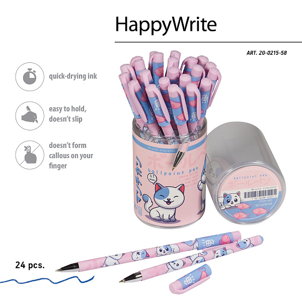 Ручка шариковая 0,5 мм "HappyWrite. KAWAII ANIMALS.Котенок" СИНЯЯ 