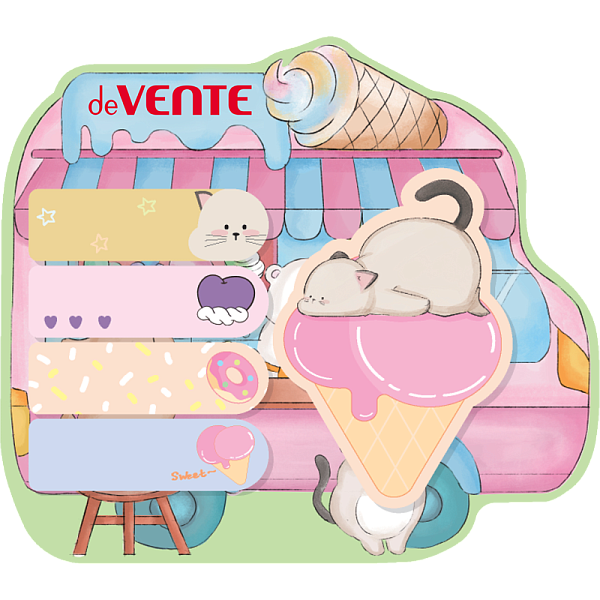 Набор бумага на л/п "deVENTE. Cat&Ice cream" 125x110 мм, размер заметок: 50x15 мм и 55x71 мм, 5x20 листов, офсет 80 г/м², печать 4+0, ассорти форм, 5 дизайнов, в картонном блистере и пластиковом пакете с европодвесом