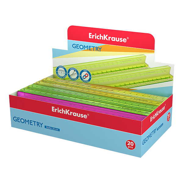 Линейка 20 см с держателем ErichKrause® Neon, ассорти из 4 цветов, в коробке-дисплее