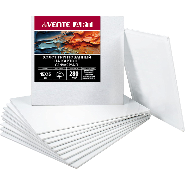 Холст на картоне 15x15 см грунтованный "deVENTE. ARTISTIC STUDIO" 100% хлопок 280 г/м², мелкое зерно, цвет белый, термоусадочная пленка