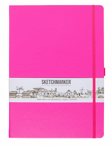 Блокнот для зарисовок Sketchmarker 140г/кв.м 21*29.7см 80л твердая обложка Неоновая фуксия