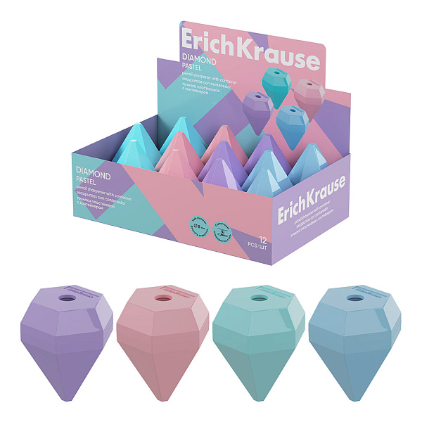 Точилка 1 отв. ErichKrause Diamond, Pastel, пластиковая, с контейнером, ассорти (в коробке-дисплее по 12 шт)