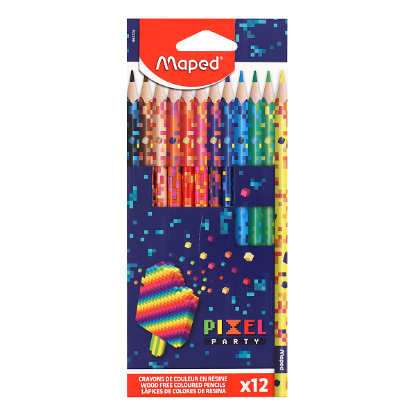 Карандаши 12 цв. Maped PIXEL PARTY пластиковые, треугольные, декорированные, в картонной коробке с подвесом 