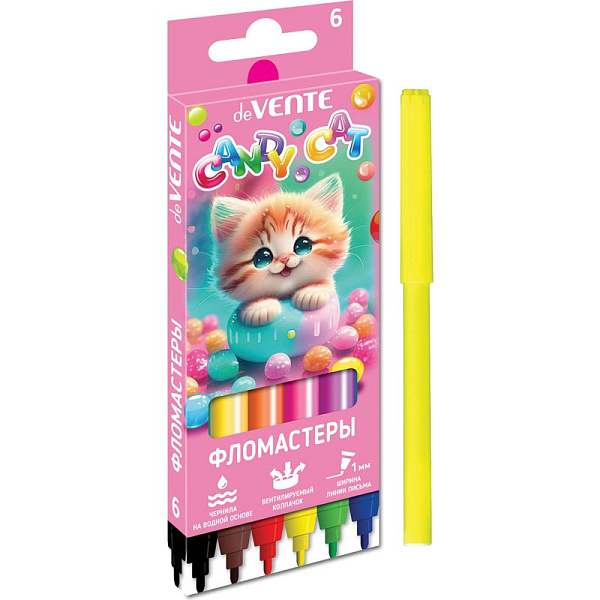 Фломастеры 6 цв. "deVENTE.  Candy Cat" в картонной коробке с подвесом с вентилируемым колпачком ,
