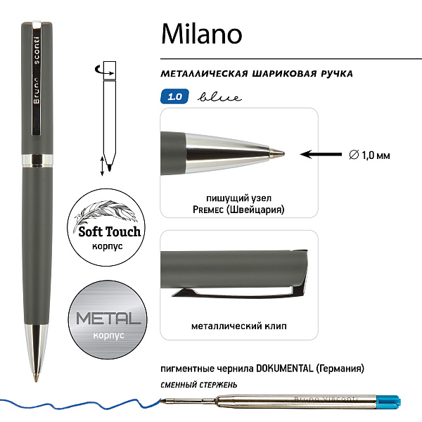 Ручка "MILANO" в тубусе прямоугольной формы 1,0 ММ, СИНЯЯ  (корпус серый, футляр черный) 