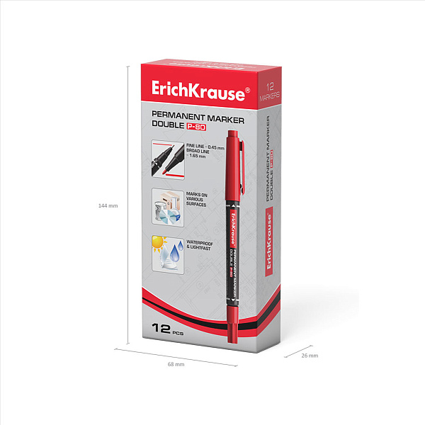 Двухсторонний перманентный маркер ErichKrause® Double P-80, цвет чернил красный (в коробке по 12 шт.)