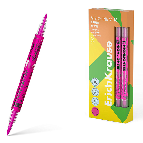 Двухсторонний текстмаркер ErichKrause  Visioline V-16 Brush Neon, цвет чернил розовый (в коробке по 12 шт.)