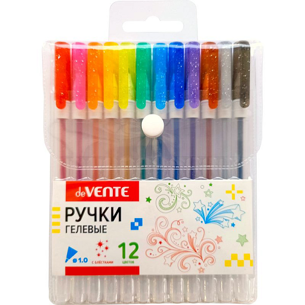 Набор ручек гелевых 12 шт. "deVENTE. Hit Glitter" 12 цв. с блёстками, d=1 мм, прозрачно-матовый корп. в блистере
