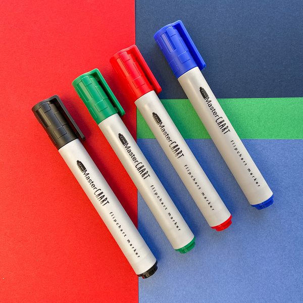 Набор маркеров д/флипчарта 4цв "MASTERCHART", ЧЕРНЫЙ/СИНИЙ/ЗЕЛЕНЫЙ/КРАСНЫЙ в ПВХ кармане