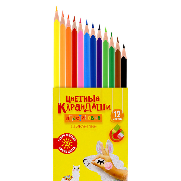 Карандаши 12 цв. стираемые "Каляка-Маляка" с ластиком, пластик, трехгран., карт.уп.