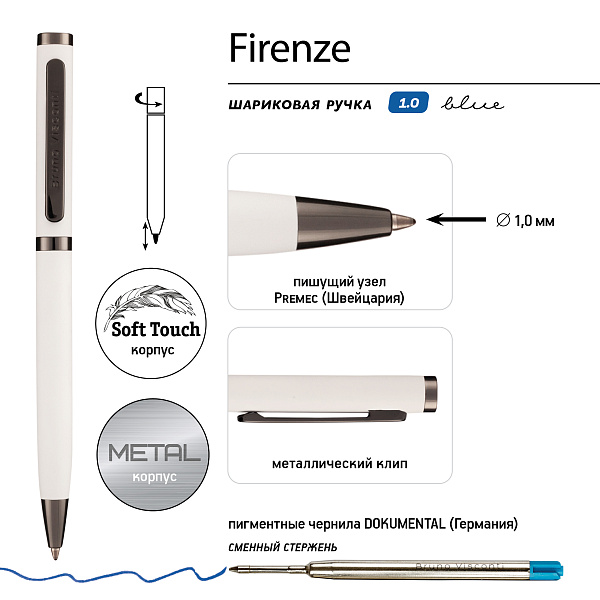 Ручка "FIRENZE" В SOFT TOUCH футляре 1.0 ММ, СИНЯЯ (корпус белый, футляр черный)